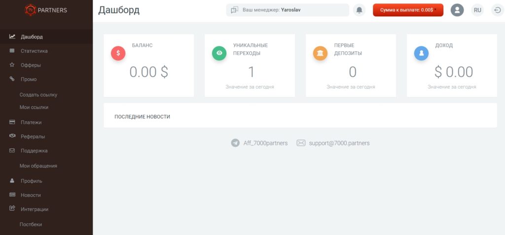 Личный кабинет партнерской программы 7K Partners