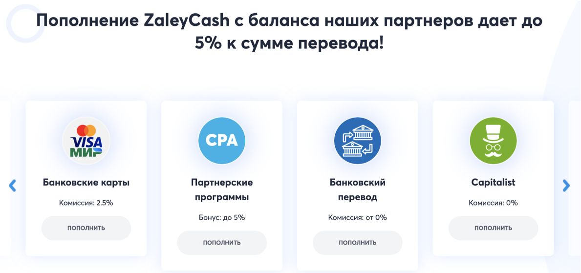 Список платежных инструментов ZaleyCash