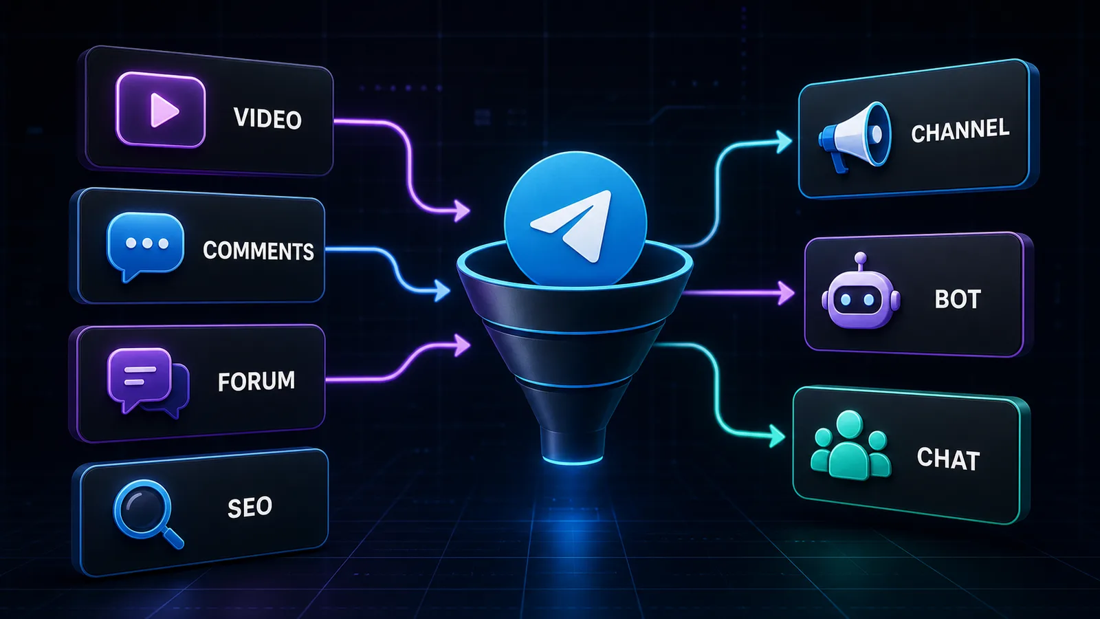 Схема источников УБТ-аудитории и точек входа в Telegram