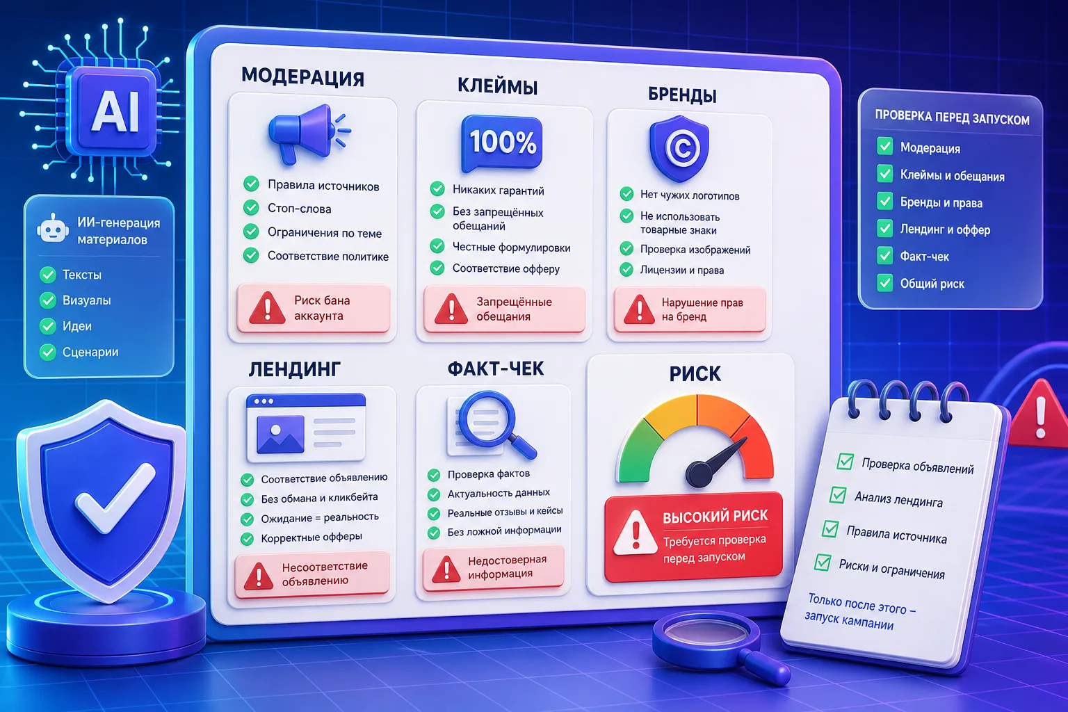 Чеклист модерационных рисков для AI-рекламы с клеймами брендами лендингом и факт-чеком