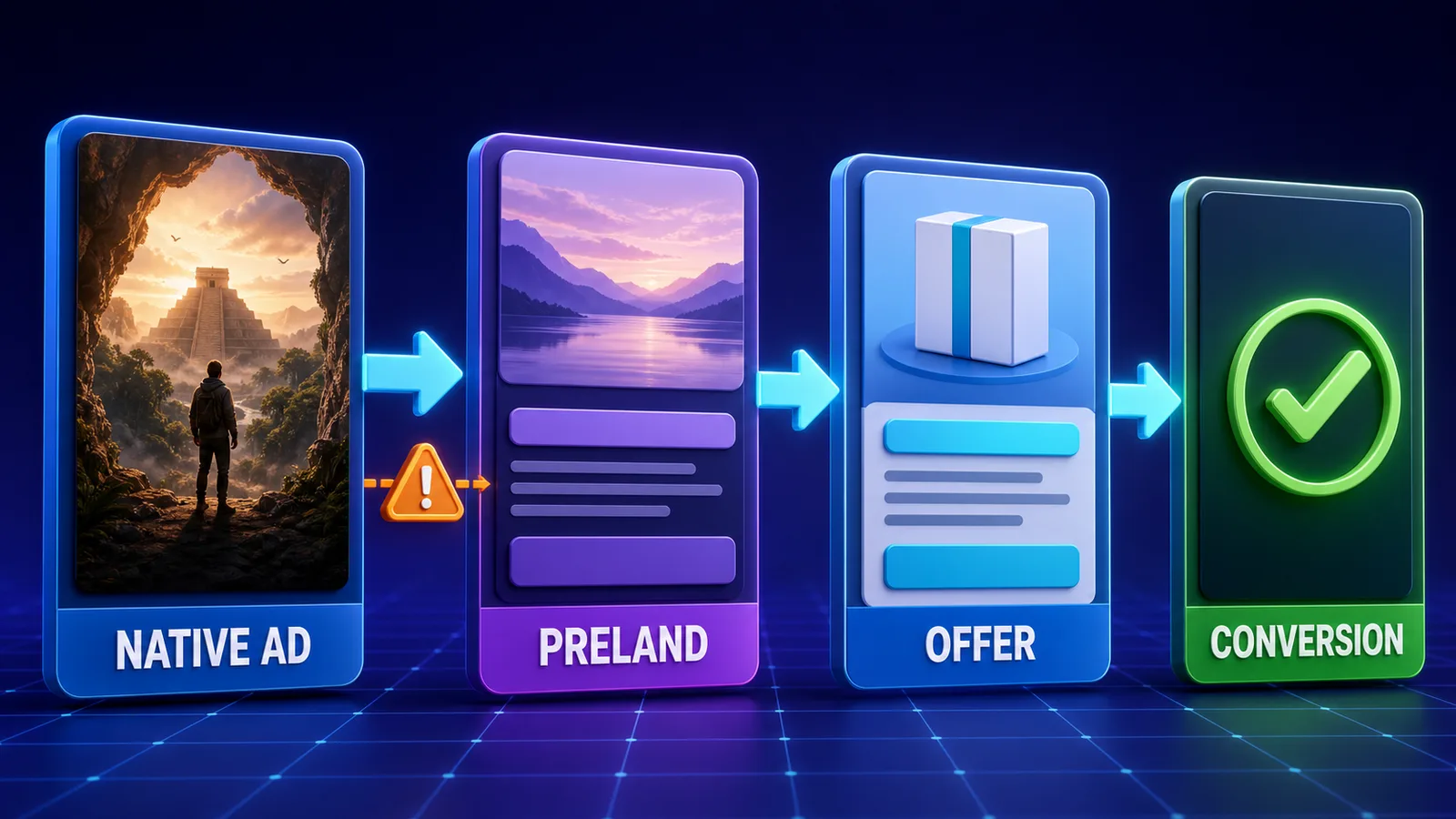 Схема связки native ad, прелендинг, оффер и конверсия
